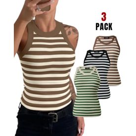   3-Pack Striped Round Neck Slim Fit Racer Back Ribbed Tank Top