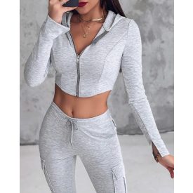 Zipper Design Crop Hooded Sweatshirt Coat