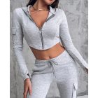 Zipper Design Crop Hooded Sweatshirt Coat