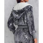 Velvet Sparkly Contrast Sequin Jacket Zip Up Hooded Coat Outwear