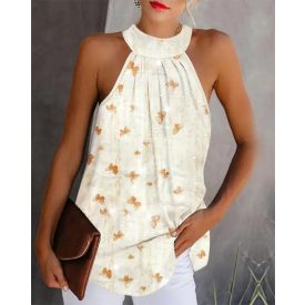   Butterfly Print Contrast Sequin Mock Neck Sleeveless Tank Casual Top