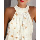 Butterfly Print Contrast Sequin Mock Neck Sleeveless Tank Casual Top
