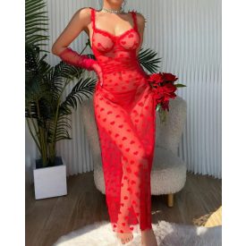   2 Pieces Heart Pattern Lace V-Neck Spaghetti Strap Sheer Mesh Babydolls Sexy See Through Slit Lingerie Set with Thong