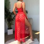 2 Pieces Heart Pattern Lace V-Neck Spaghetti Strap Sheer Mesh Babydolls Sexy See Through Slit Lingerie Set with Thong