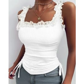   Lace Trim Side Drawstring Ribbed Tank Top Casual Slim Fit Sleeveless Top