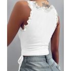 Lace Trim Side Drawstring Ribbed Tank Top Casual Slim Fit Sleeveless Top