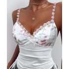 Floral Embroidery Plunge Bowknot Decor Drawstring Ruched Spaghetti Strap Tank Romantic Top