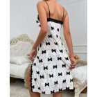 Velet Contrast Lace V-Neck Bowknot Spaghetti Strap Nightgown Lingerie Sexy Slit Sleep Dress