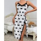 Velet Contrast Lace V-Neck Bowknot Spaghetti Strap Nightgown Lingerie Sexy Slit Sleep Dress