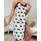 Velet Contrast Lace V-Neck Bowknot Spaghetti Strap Nightgown Lingerie Sexy Slit Sleep Dress