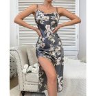 Floral Print Cowl Neck Spaghetti Strap Satin Nightgown Lingerie Sexy Backless Slit Sleep Dress
