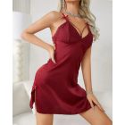 Contrast Lace V-Neck Spaghetti Strap Satin Nightgown Lingerie Sexy Slit Sleep Dress