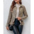 Striped Button Front Ruffle Hem Slim Fit Blazer Coat