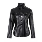 PU Leather Long Sleeve Flap Pocket Design Button Down Top