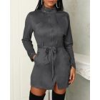 Zipper Front Pocket Design Belted Dress