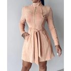 Zipper Front Pocket Design Belted Dress