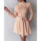 Zipper Front Pocket Design Belted Dress