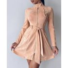 Zipper Front Pocket Design Belted Dress