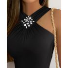 Rhinestone Halter Sleeveless Slim Fit Tank Ruched Casual Top