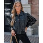 PU Leather Patchwork Contrast Sequin Snap Button Coat