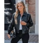 PU Leather Patchwork Contrast Sequin Snap Button Coat