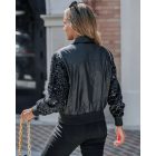 PU Leather Patchwork Contrast Sequin Snap Button Coat