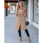 Sleeveless Trench Coats Rhinestone Decor Lapel Casual Long Trendy Double Breasted Coat with Pockets