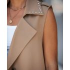 Sleeveless Trench Coats Rhinestone Decor Lapel Casual Long Trendy Double Breasted Coat with Pockets