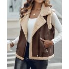 Pu Notched Collar Sleeveless Jacket Front Pocket Chain Fall and Winter Coat