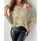 2 Piece Hollow-out Pullover Top Inner Tank Open-Knit Sweater Blouse Set