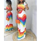 Rainbow Stripe Print Hollow Out Maxi Dress