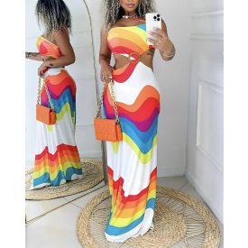 Rainbow Stripe Print Hollow Out Maxi Dress