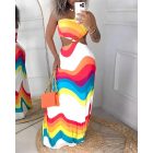 Rainbow Stripe Print Hollow Out Maxi Dress