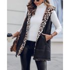 Reversible Leopard Pattern Vests Sleeveless Fleece Lined Jacket Zip Up Hoodie Pockets Long Warm Winter Coat