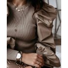Crewneck Ruched Puff Lantern Sleeve Ribbed Blouse Pullover Top