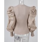 Crewneck Ruched Puff Lantern Sleeve Ribbed Blouse Pullover Top