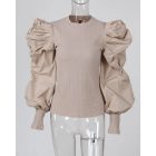 Crewneck Ruched Puff Lantern Sleeve Ribbed Blouse Pullover Top
