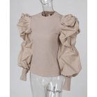 Crewneck Ruched Puff Lantern Sleeve Ribbed Blouse Pullover Top