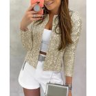 O-neck Long Sleeve Zip-up Sequin Coat