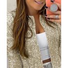 O-neck Long Sleeve Zip-up Sequin Coat