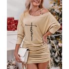Letter Print Cold Shoulder Drawstring Long Sleeve Dress