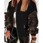 Contrast Sequin Jacket Casual Long Sleeve Zipper Design Sparkly Coat With Pockets