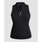 Ribbed O-Neck Slim Fit Zipper Thick Strap Mental O-ring Cinch Waist Tank Casual Top