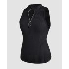 Ribbed O-Neck Slim Fit Zipper Thick Strap Mental O-ring Cinch Waist Tank Casual Top