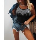 Round Neck Rhinestone Decor Skinny Tank Top