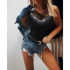 Jacquard Halter Lace Trim Sleeveless Tank Casual Slim Fit Knit Top