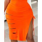 Ladder Cut Out Hollow Out Ruched Slit Bodycon Dress Side Slit Drawstring Club Party Short Sleeve Midi Dresses