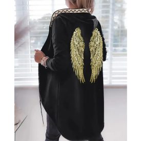   Geometric Wings Pattern Contrast Sequin Asymmetrical Coat Oversized Zip Up Hooded Jacket