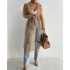 Sheer Mesh Long Sleeve Transparent Jacket Coat Buttoned Longline Trench Coat with Belt