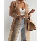Sheer Mesh Long Sleeve Transparent Jacket Coat Buttoned Longline Trench Coat with Belt